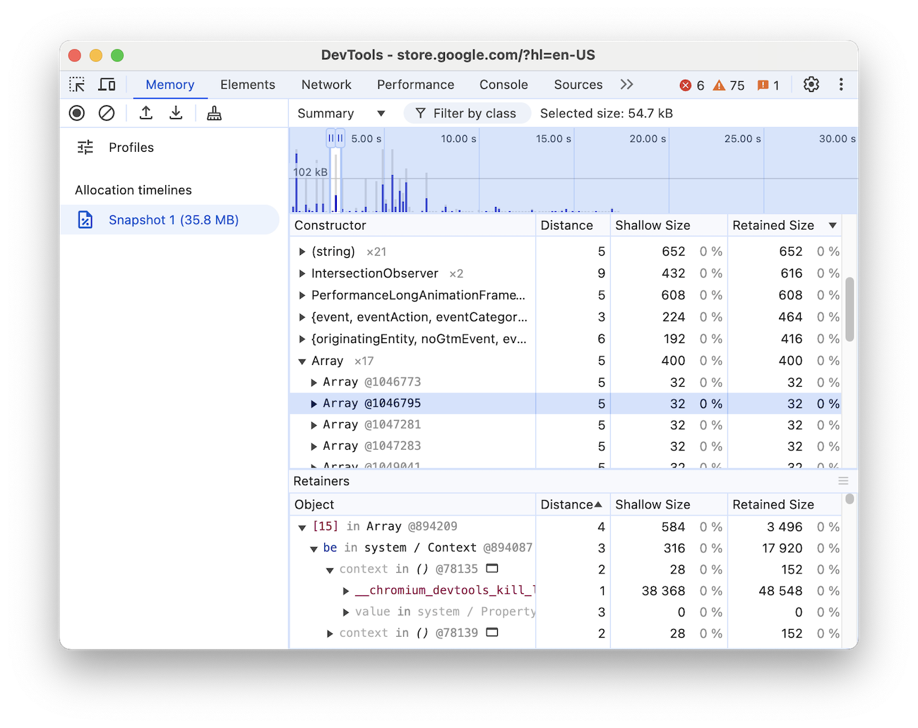 Oś czasu powiększona do pojedynczego słupka.