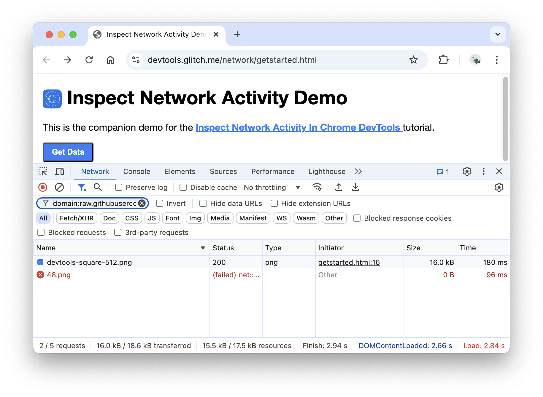 Property filtering results in the Network log.