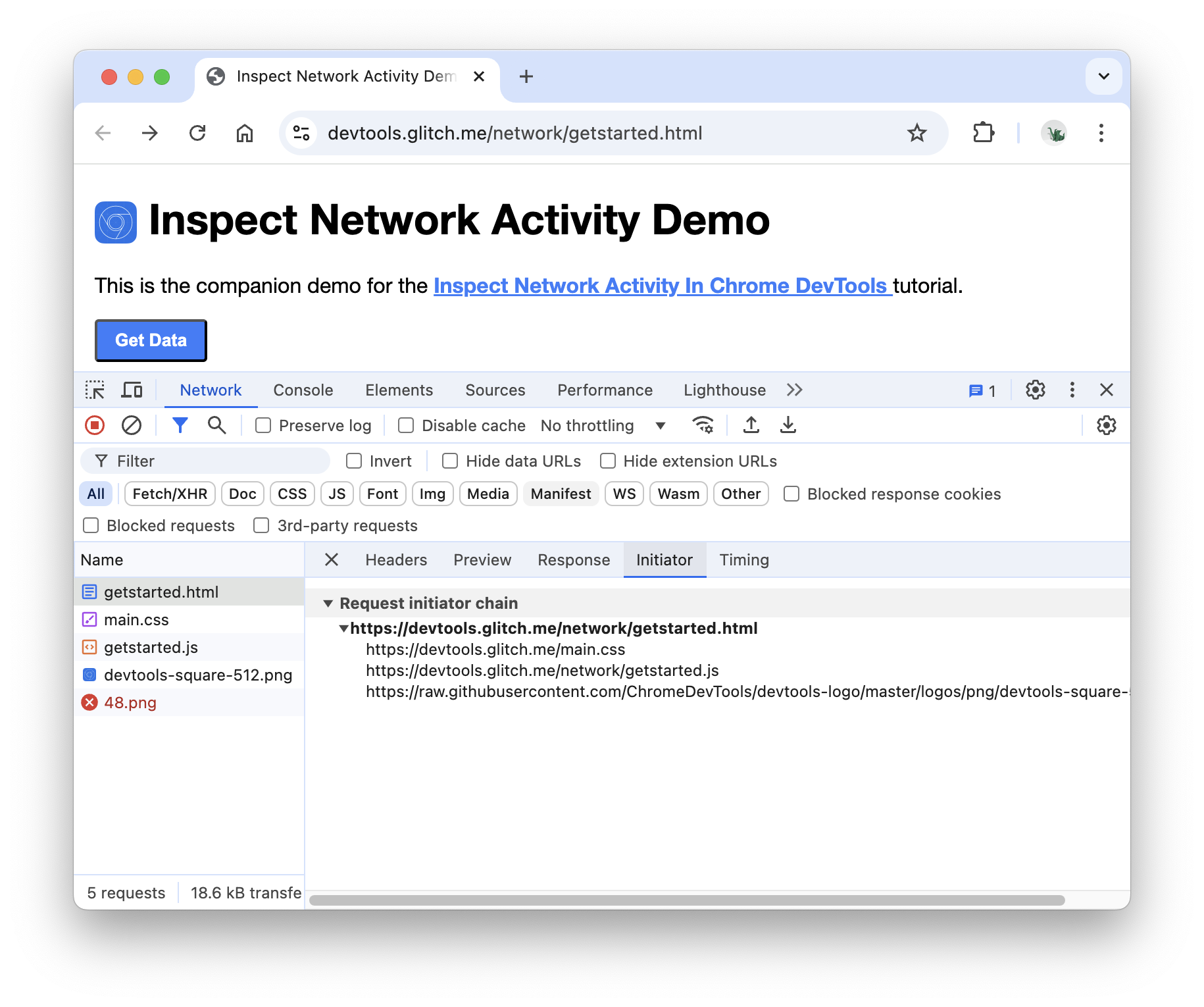 The Initiator tab in the Network panel.