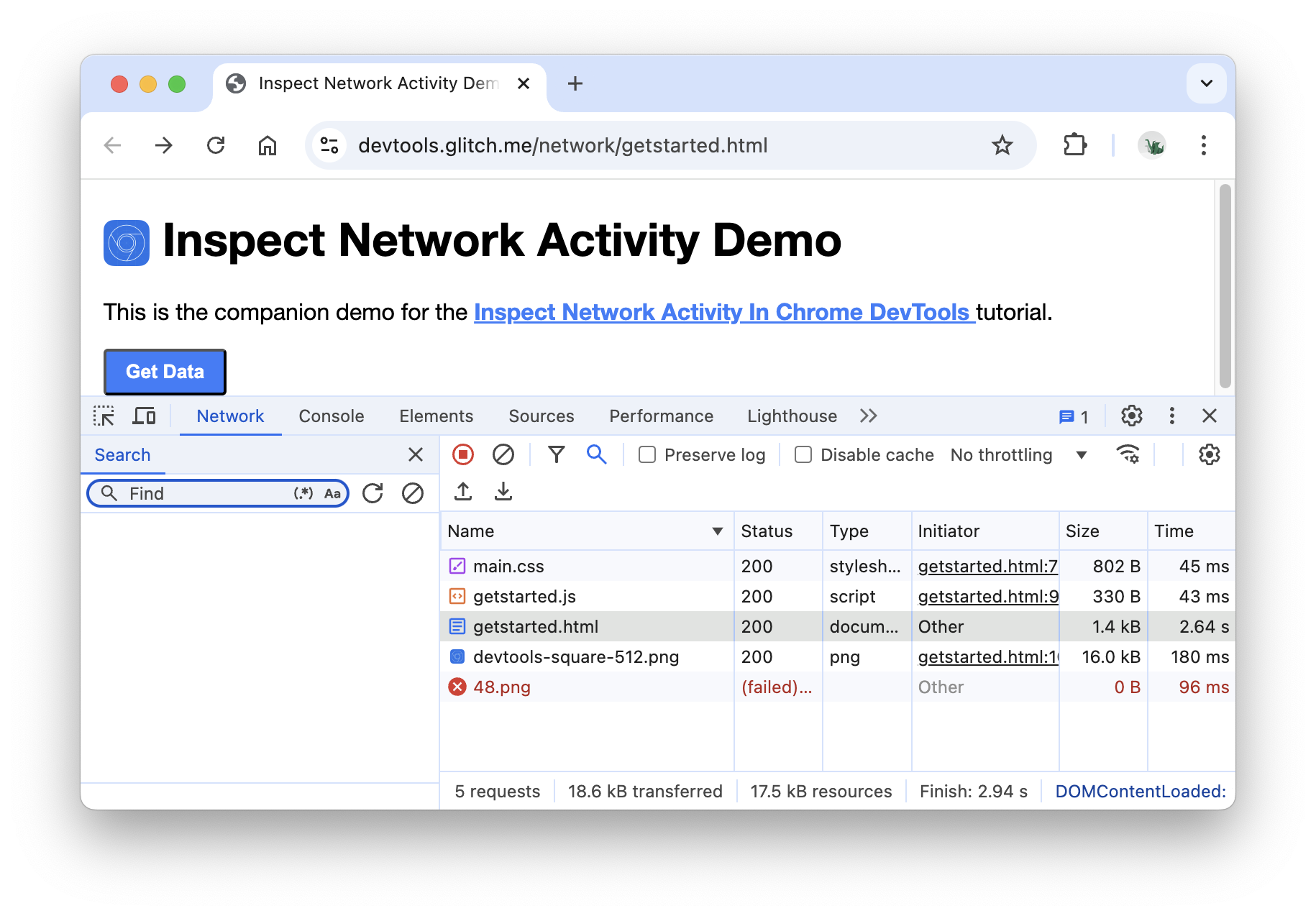 The Search tab to the left of the Network log.