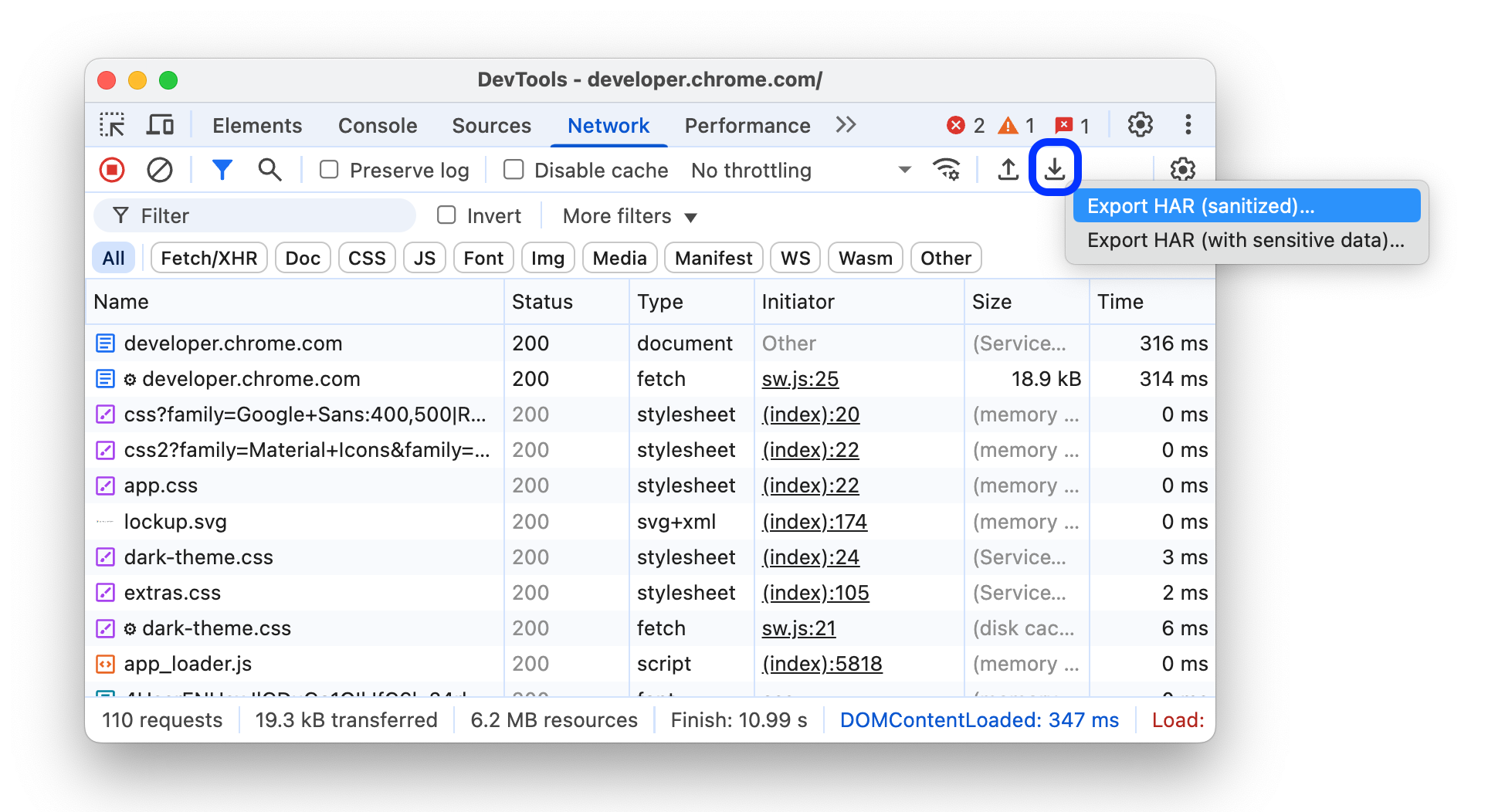सबसे ऊपर मौजूद ऐक्शन बार में, 'एचएआर एक्सपोर्ट करें' बटन. इसमें, एक्सपोर्ट करने के दो विकल्प चालू हैं.