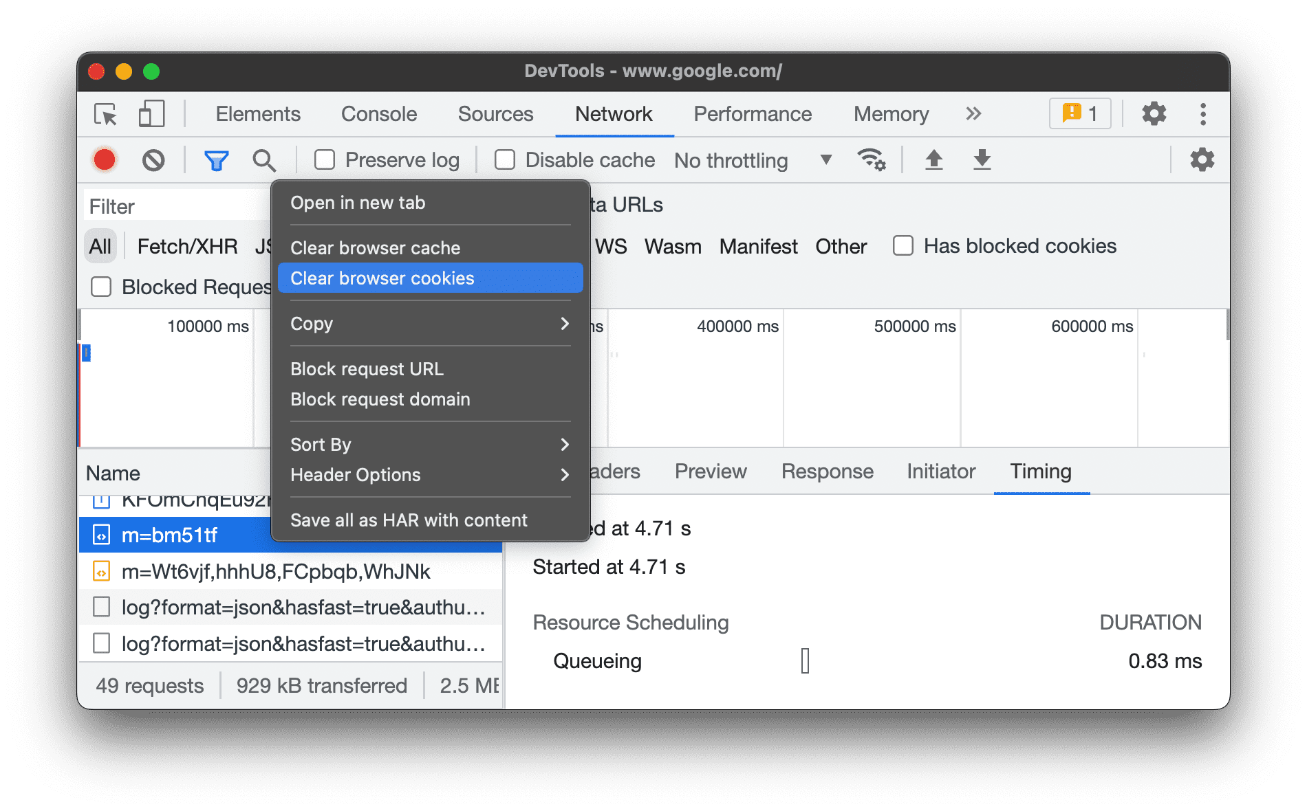 'ब्राउज़र की कुकी मिटाएं' को चुनना.