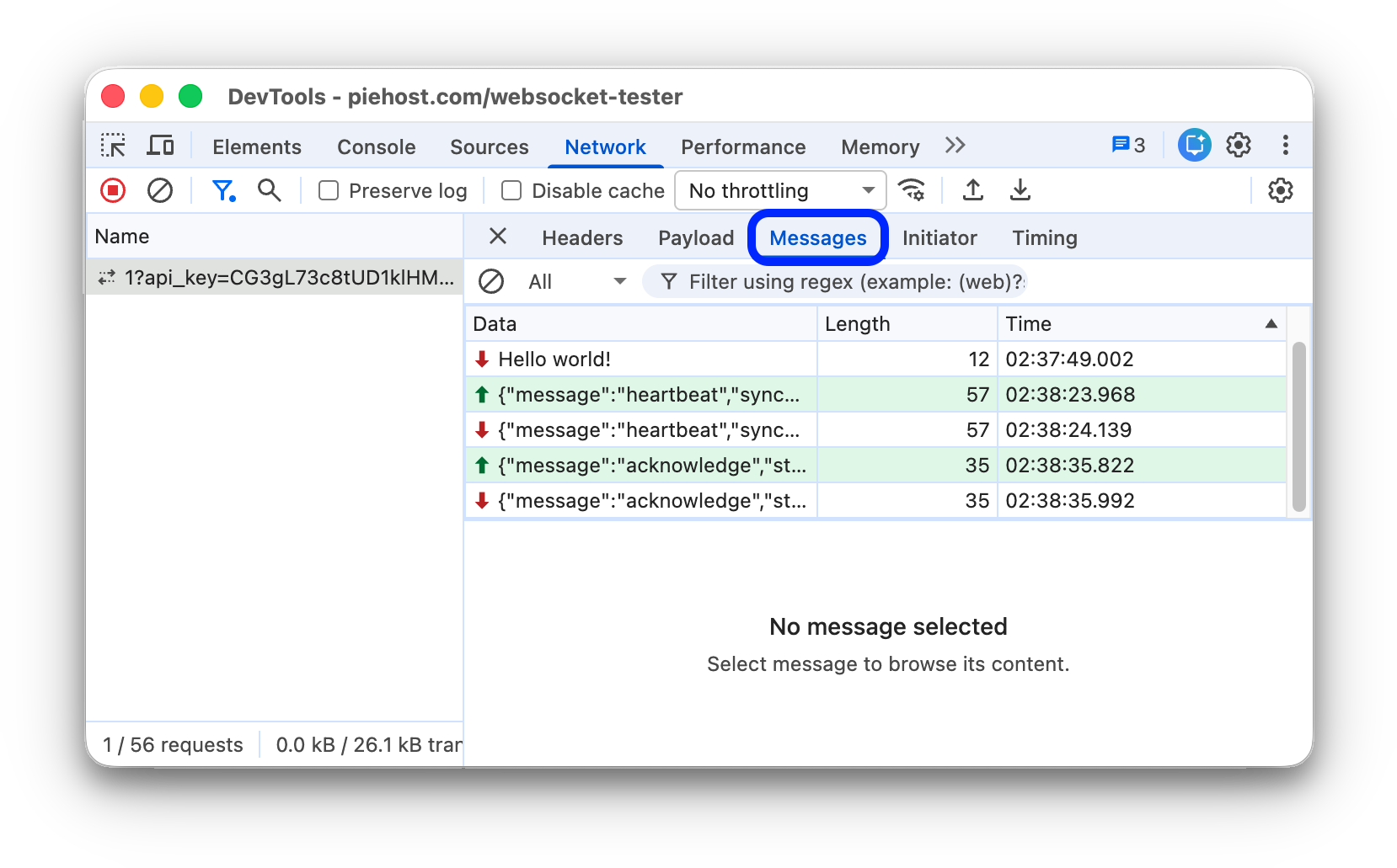 The Messages tab of the selected WebSocket connection.
