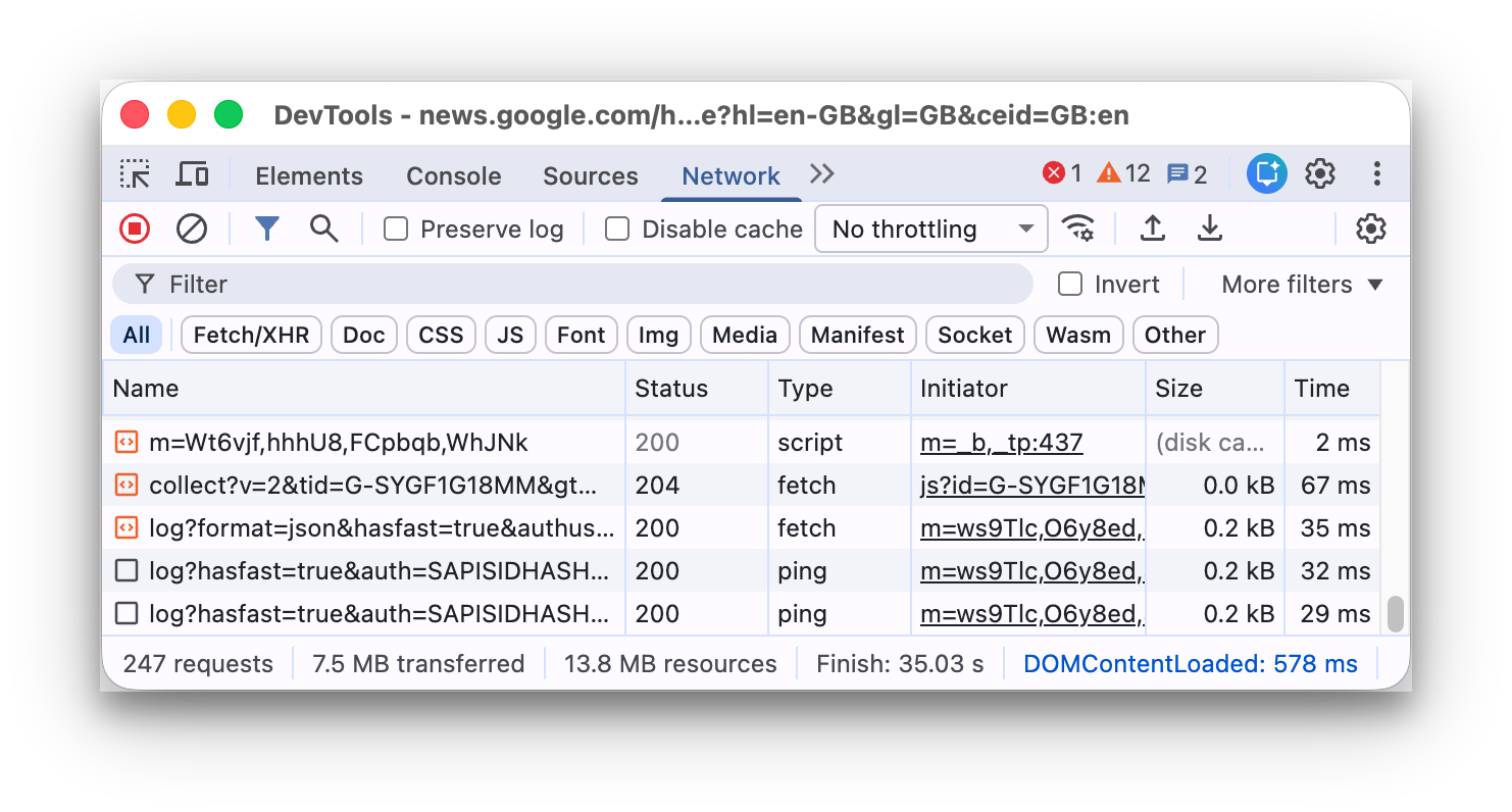Chrome 開發人員工具的「網路」面板介面。