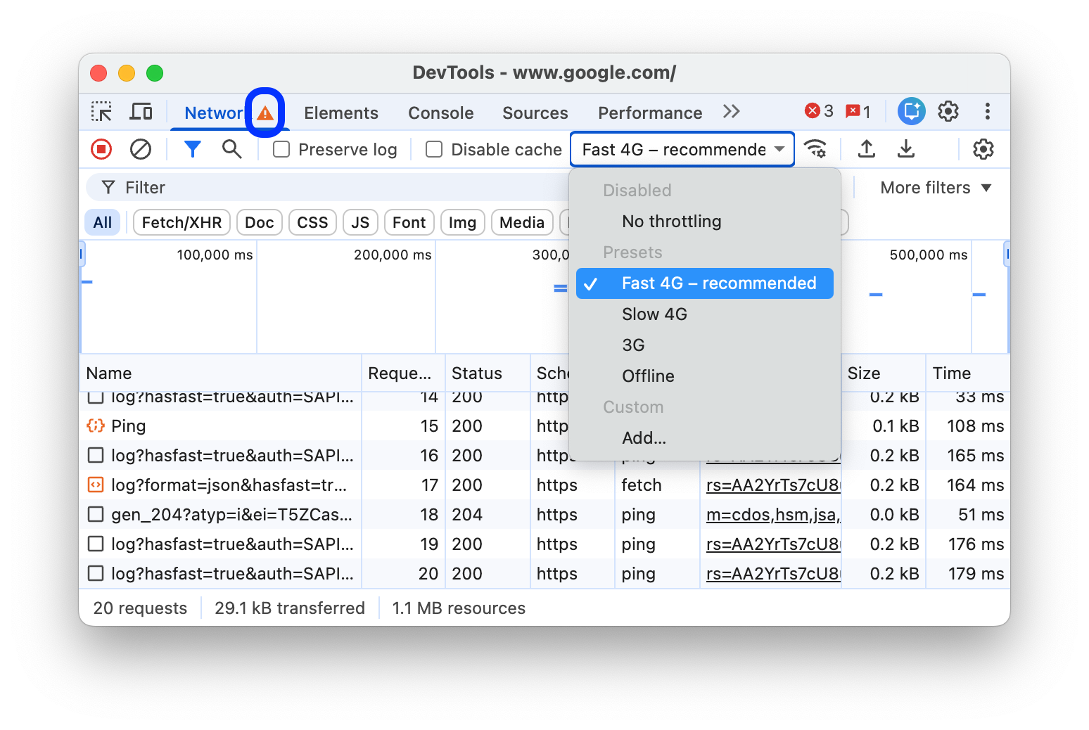 The network throttling drop-down menu with presets.