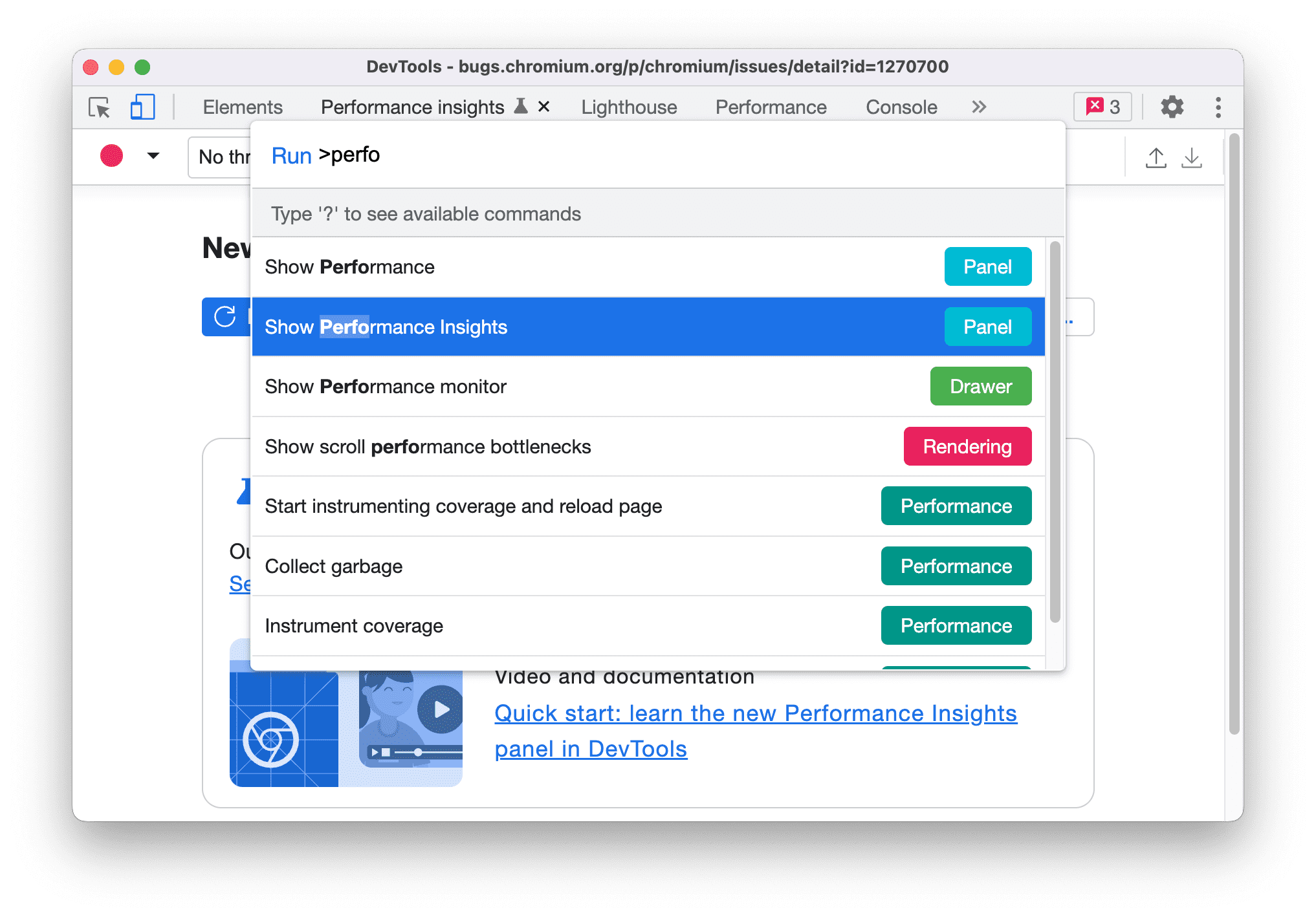 Show Performance insights command in the Command menu.