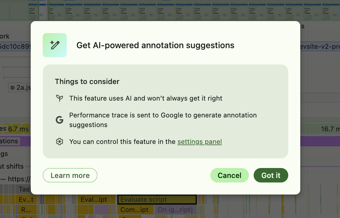 Annotations considerations prompt explaining that AI may not always get things right, that the AI works by sending the necessary trace data to Google to analyse and make the suggestion, and that you can control this feature in the settings tab.