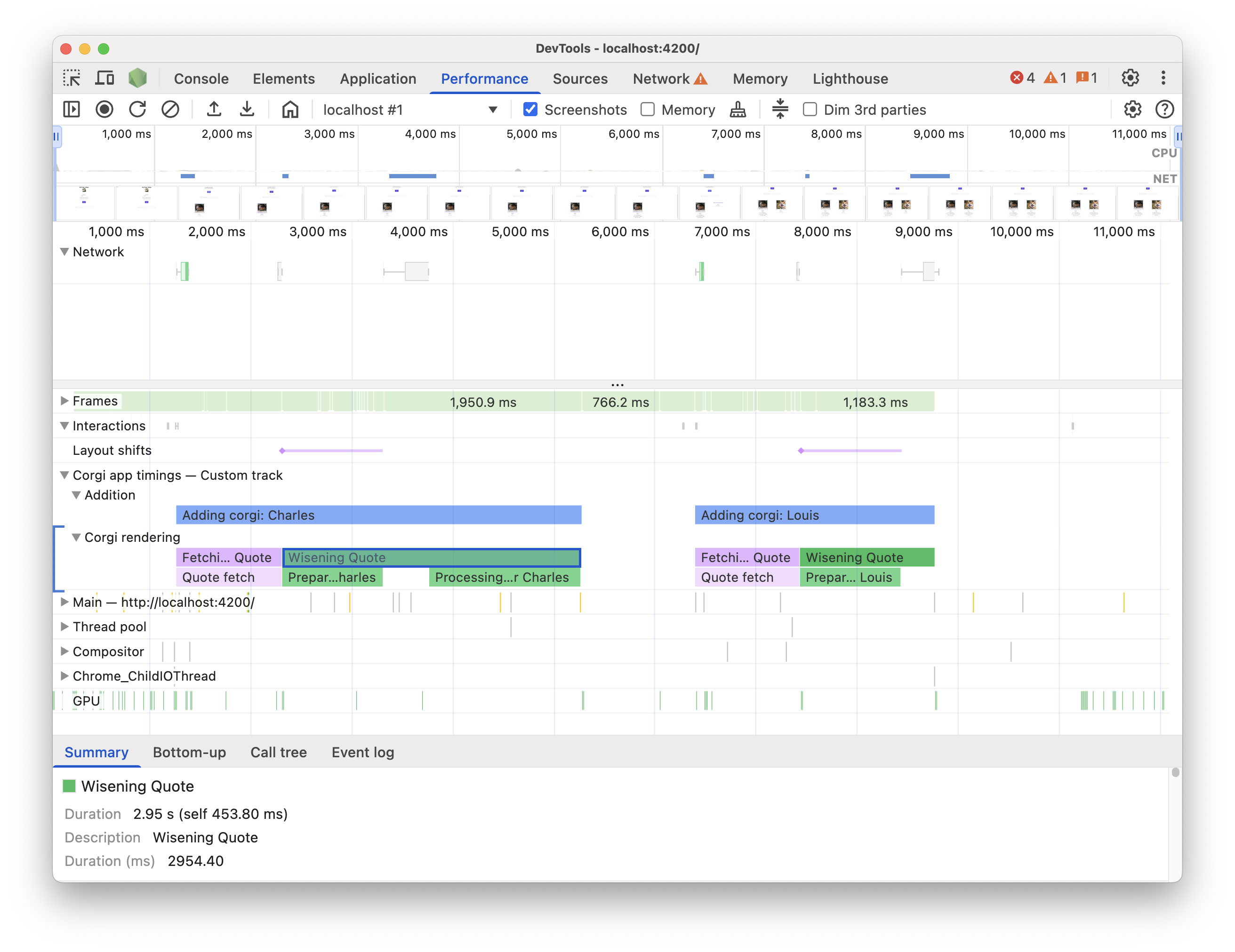 Een voorbeeld van hoe aangepaste tracks eruit zien in het paneel Prestaties.