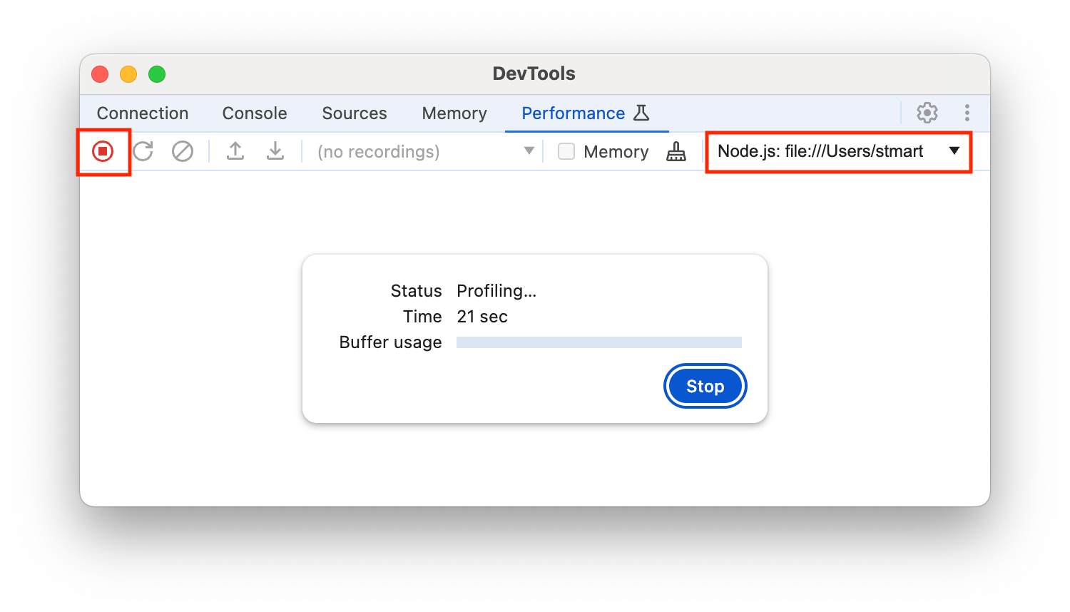 The Record button and the VM instance selector.