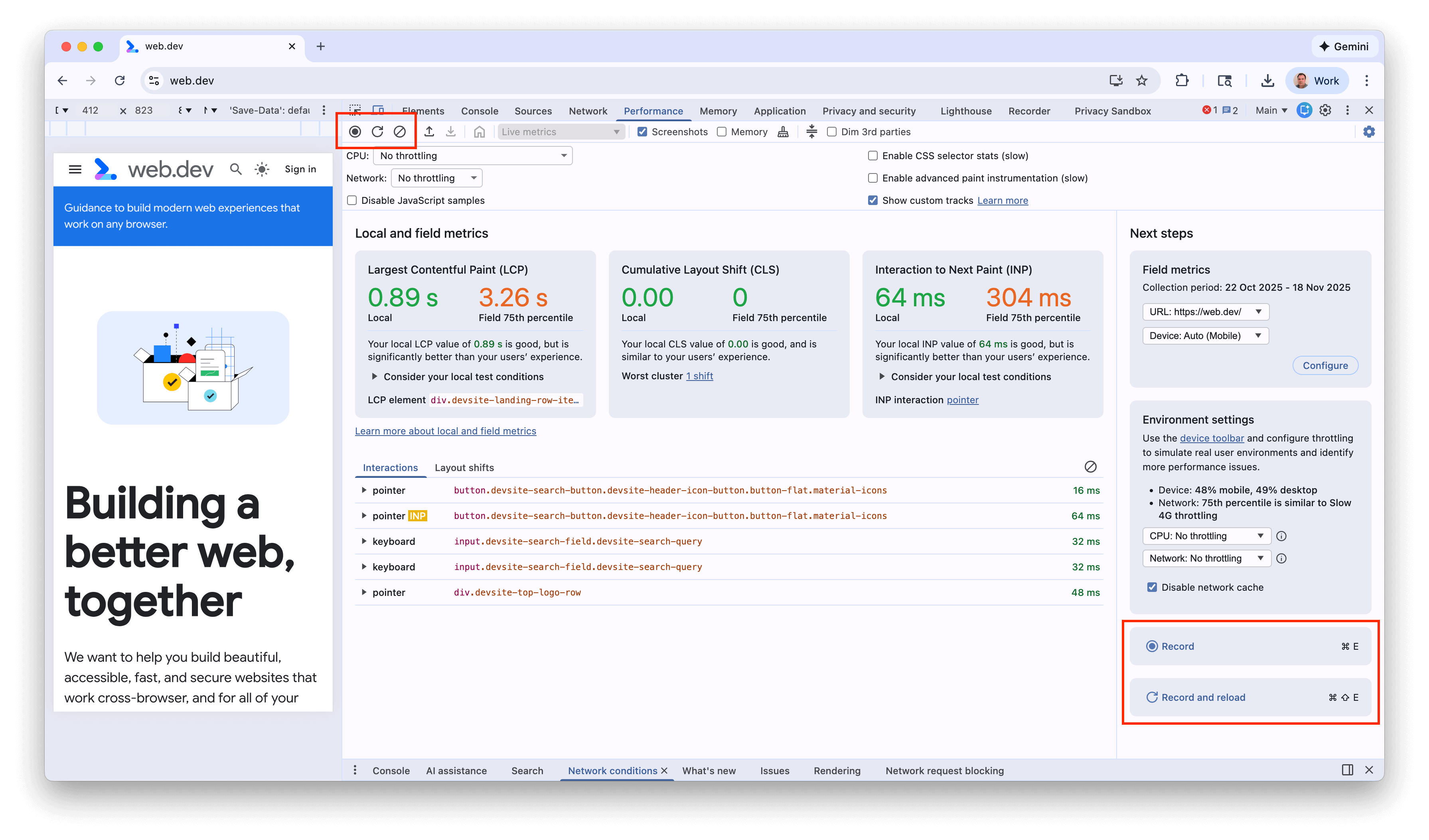 Les boutons permettant d&#39;enregistrer les traces de performances se trouvent en haut à gauche et en bas à droite de l&#39;écran.