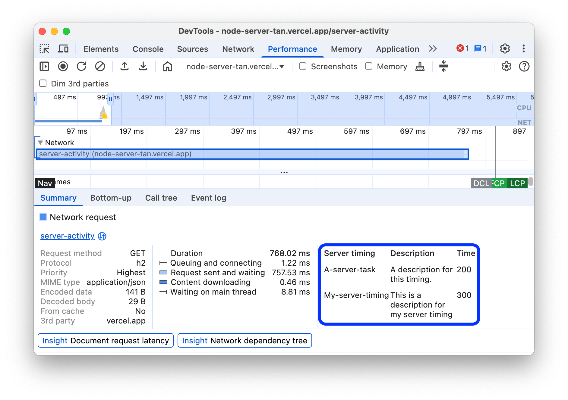 요약 탭의 서버 타이밍 분석
