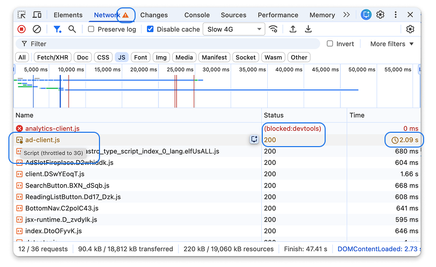 Het netwerkpaneel in DevTools toont indicatoren voor geblokkeerde en vertraagde verzoeken.