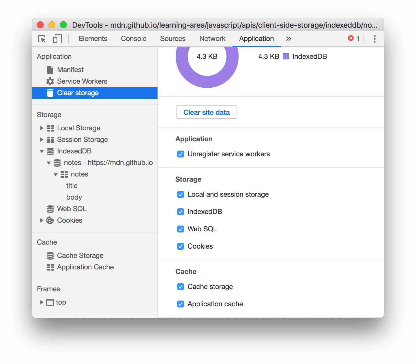 The 'Clear storage' pane