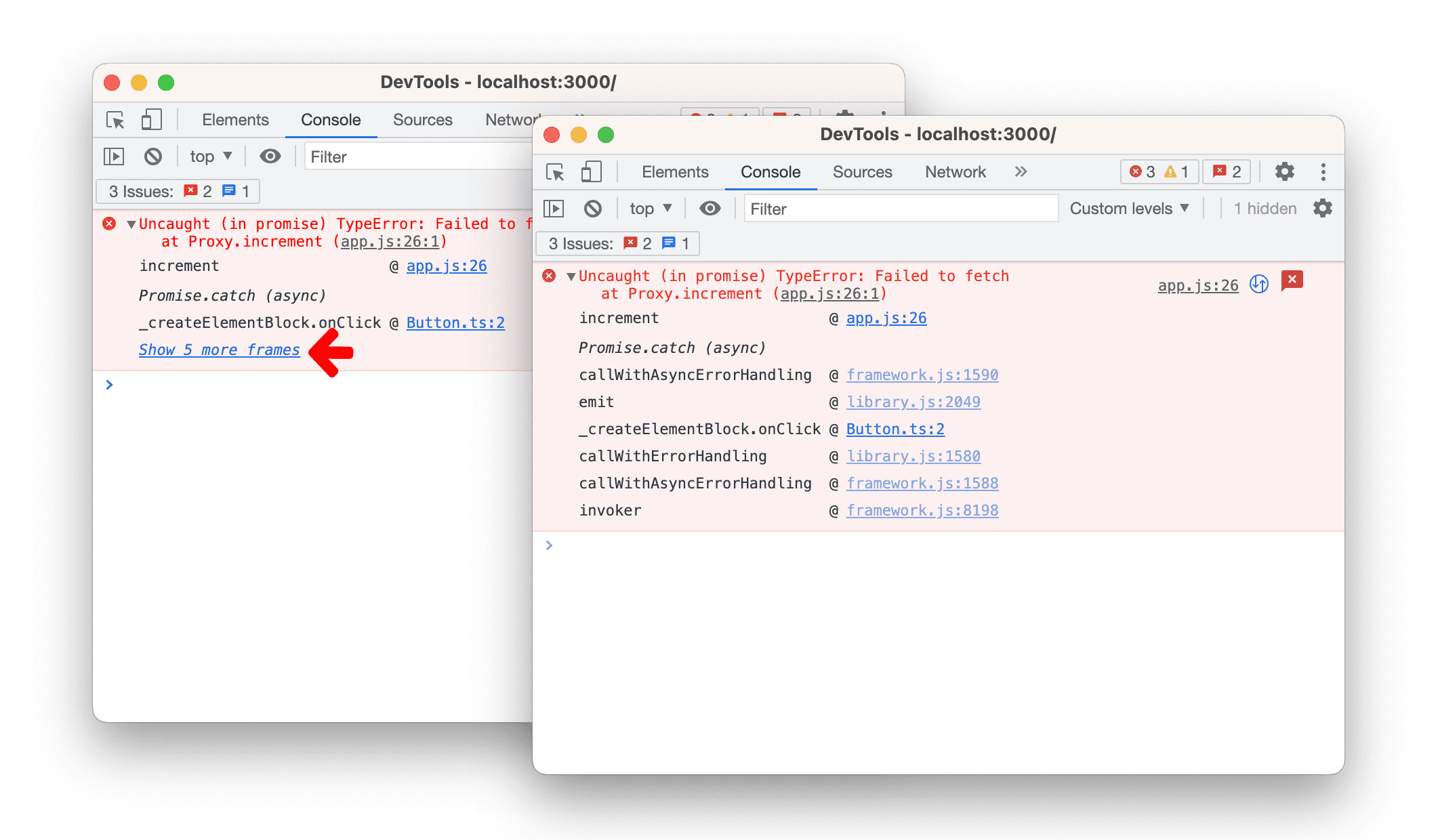 A comparison of collapsed and expanded stack trace.