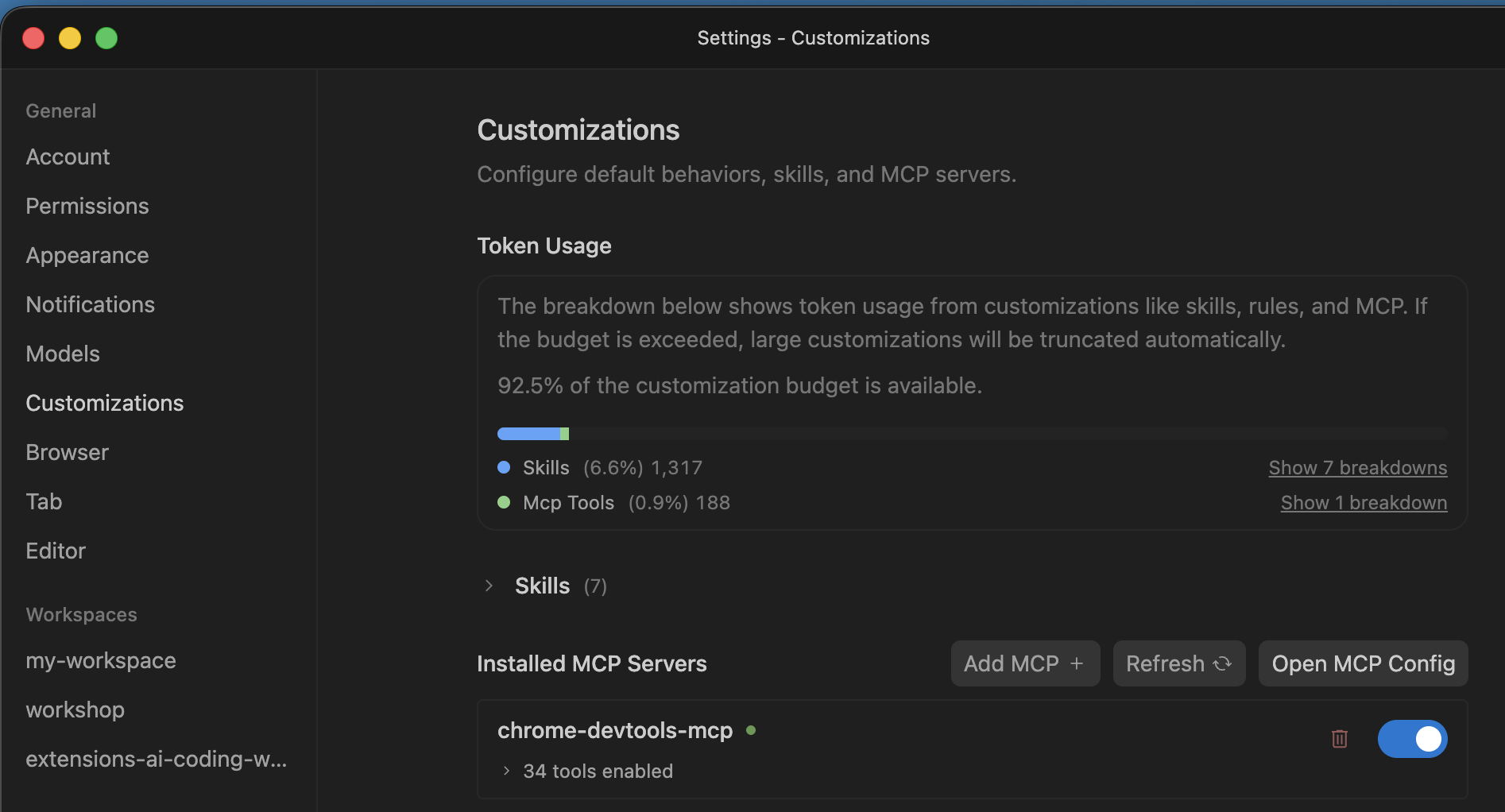 De Chrome DevTools MCP-server installeren in de Antigravity-interface.