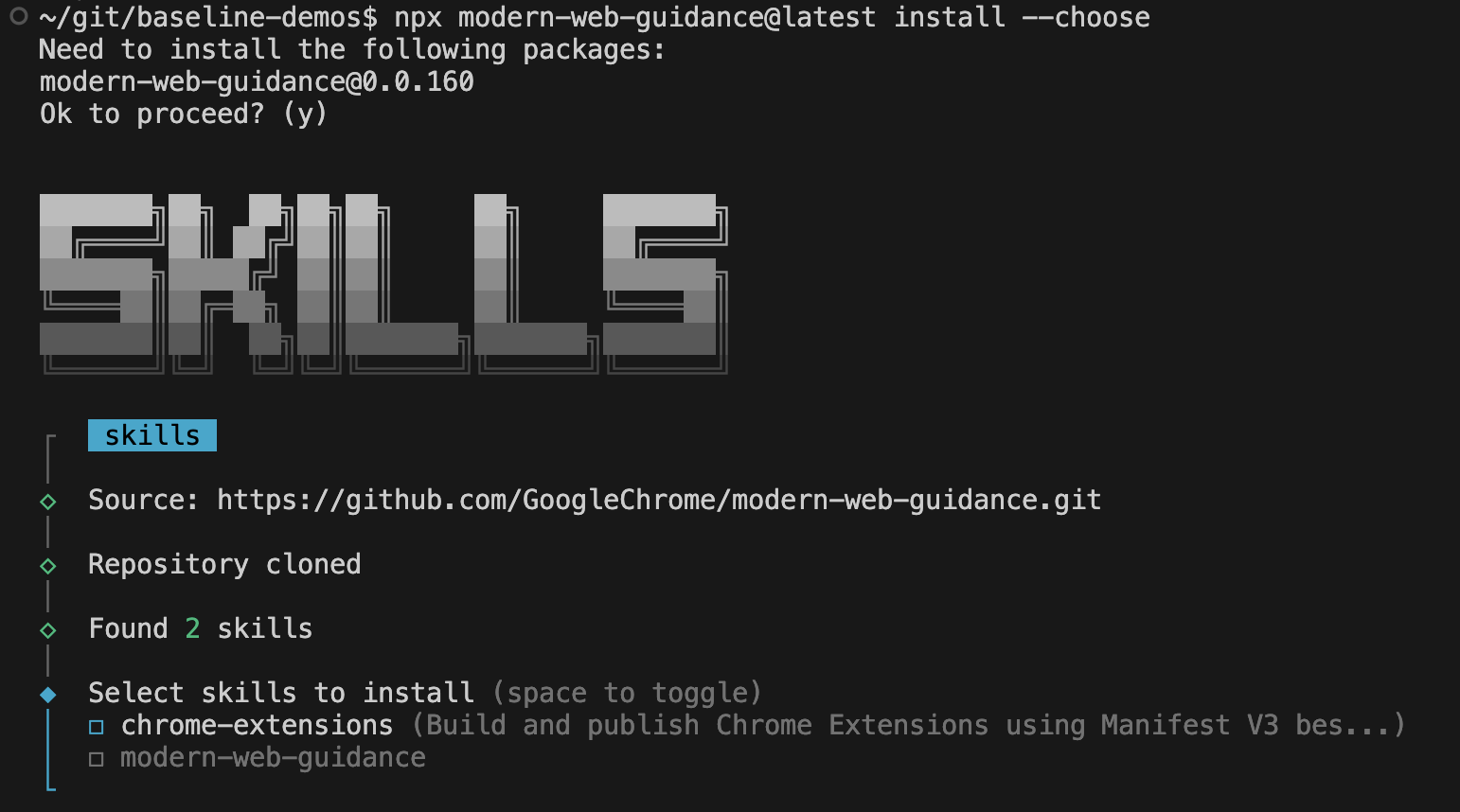 Modern Web Guidance CLI chooser prompt.