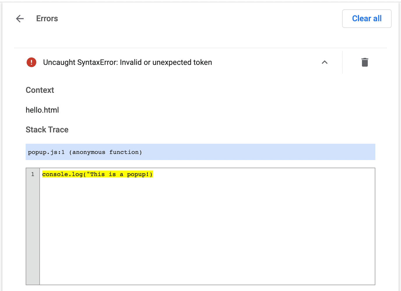 Détails de l'erreur de l'extension