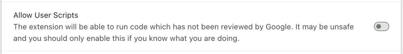 The Allow User Scripts toggle on the extension details page