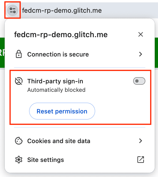 Aktifkan FedCM di kolom URL dengan mengaktifkan Login pihak ketiga.