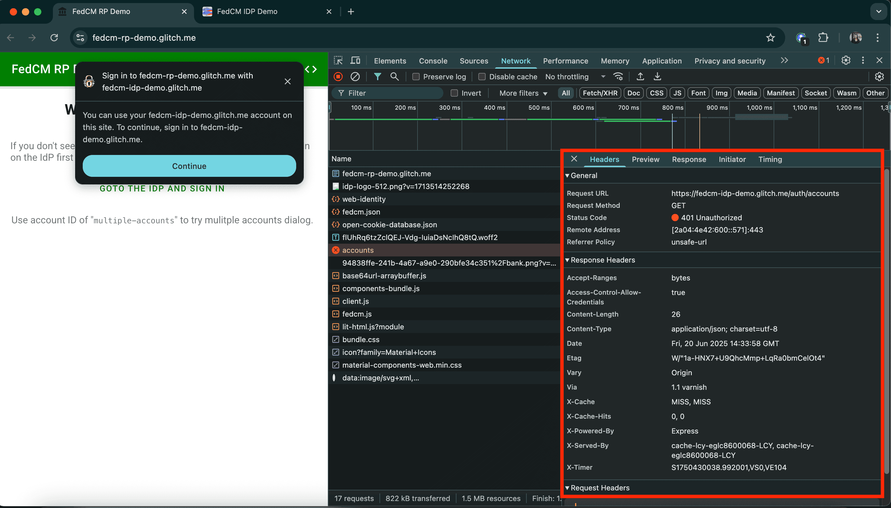 The Headers tab of the request details indicates that the request to the 'accounts' endpoint failed with '401 Unauthorized' status code.
