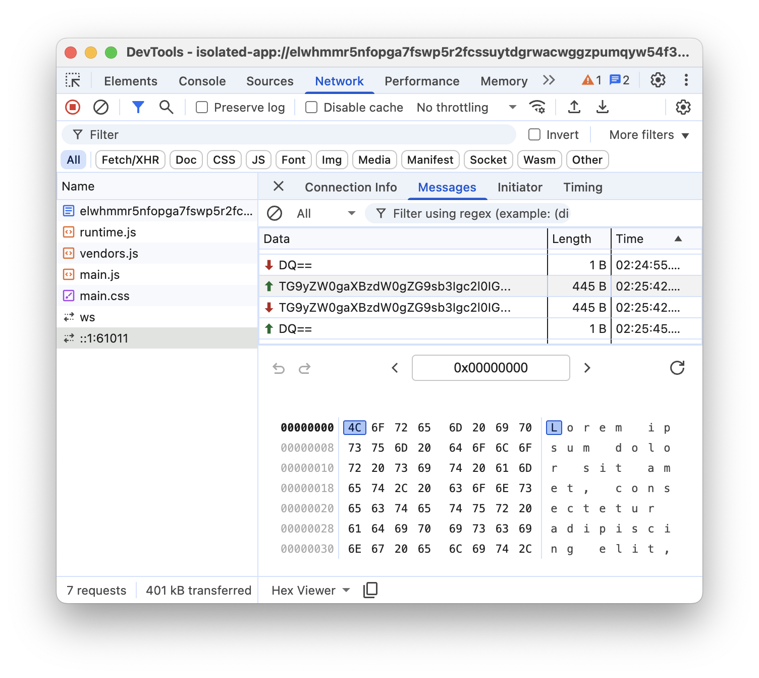 De gegevens in het tabblad Berichten in DevTools.