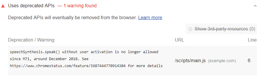 Lighthouse audit shows usage of deprecated APIs