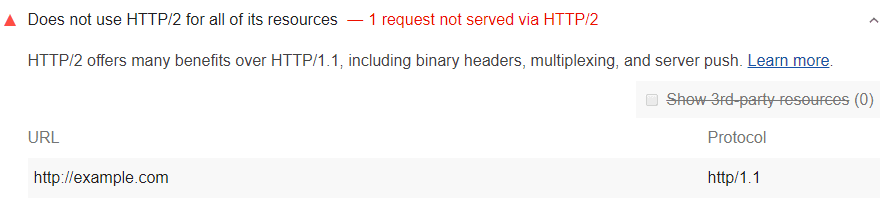 ביקורת Lighthouse מראה שמשאבים לא מוצגים באמצעות HTTP/2 