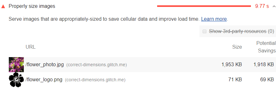 Screenshot der Lighthouse-Prüfung „Bilder richtig dimensionieren“