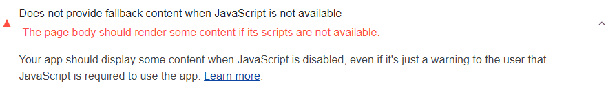 Lighthouse audit showing page doesn't contain some content when JS is unavailable