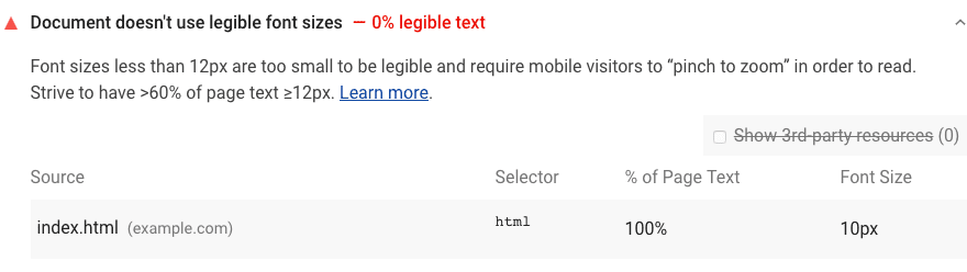 Lighthouse 审核显示网页的字体大小难以辨认