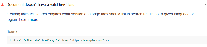 Lighthouse audit showing incorrect hreflang links