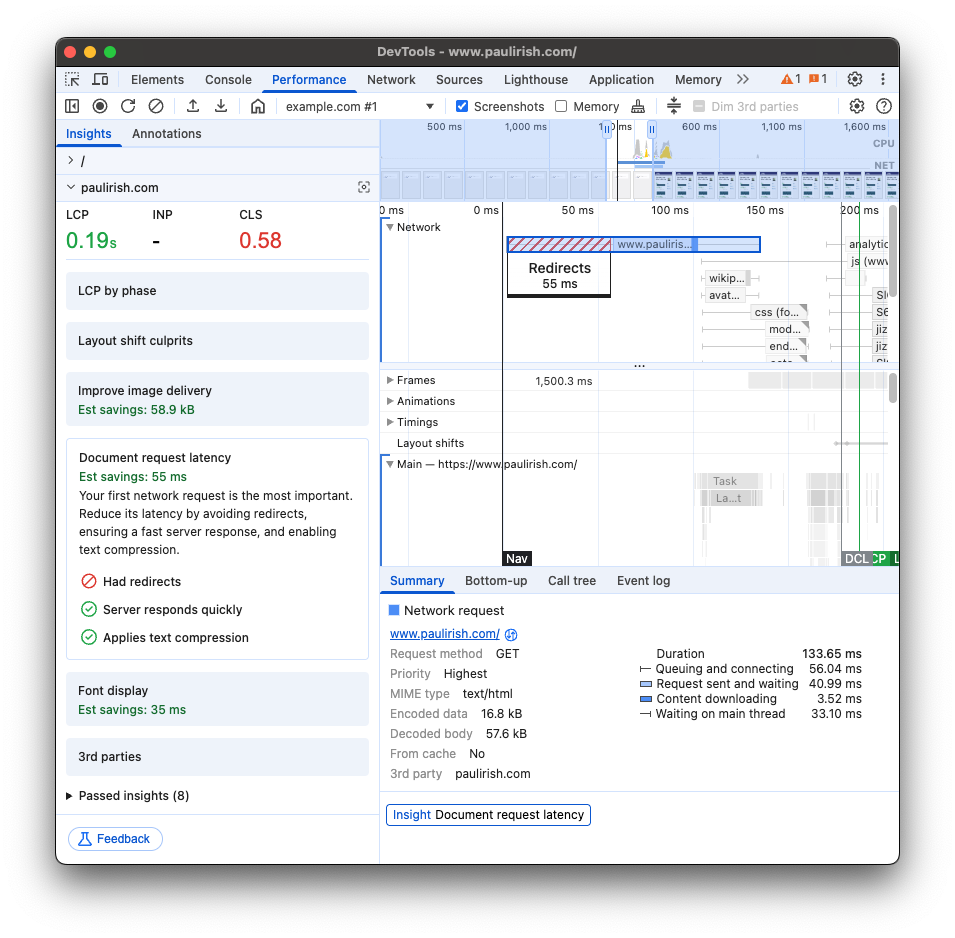 DevTools meldt dat de documentlatentie kan worden verminderd door omleidingen te elimineren