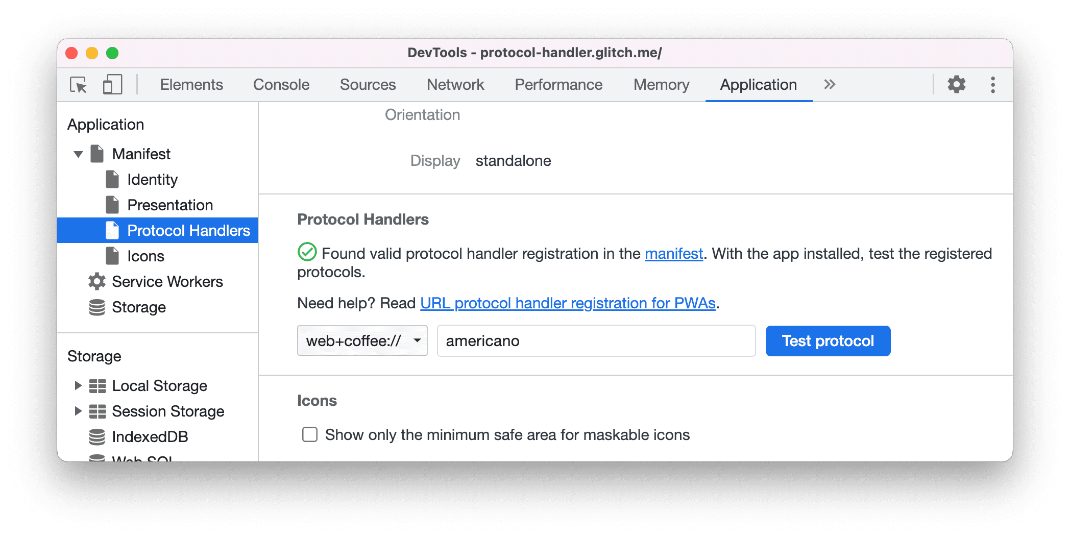 Protocol handlers in the Manifest pane