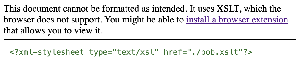 Komunikat wyświetlany w Chrome po wykryciu pliku XSLT.